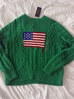 Ralph Lauren Green Cable-Knit Sweater with American Flag